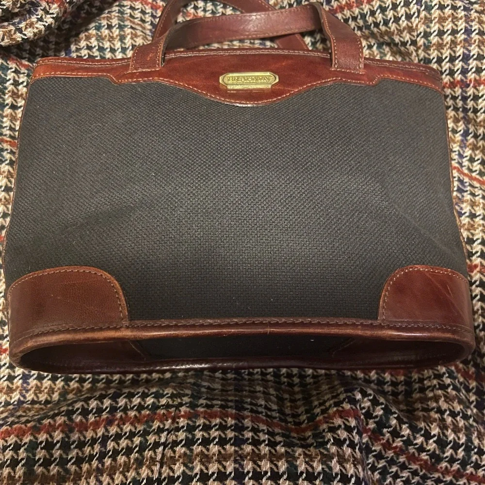 Brahmin Used Black Canvas Small Tote Leather Trim